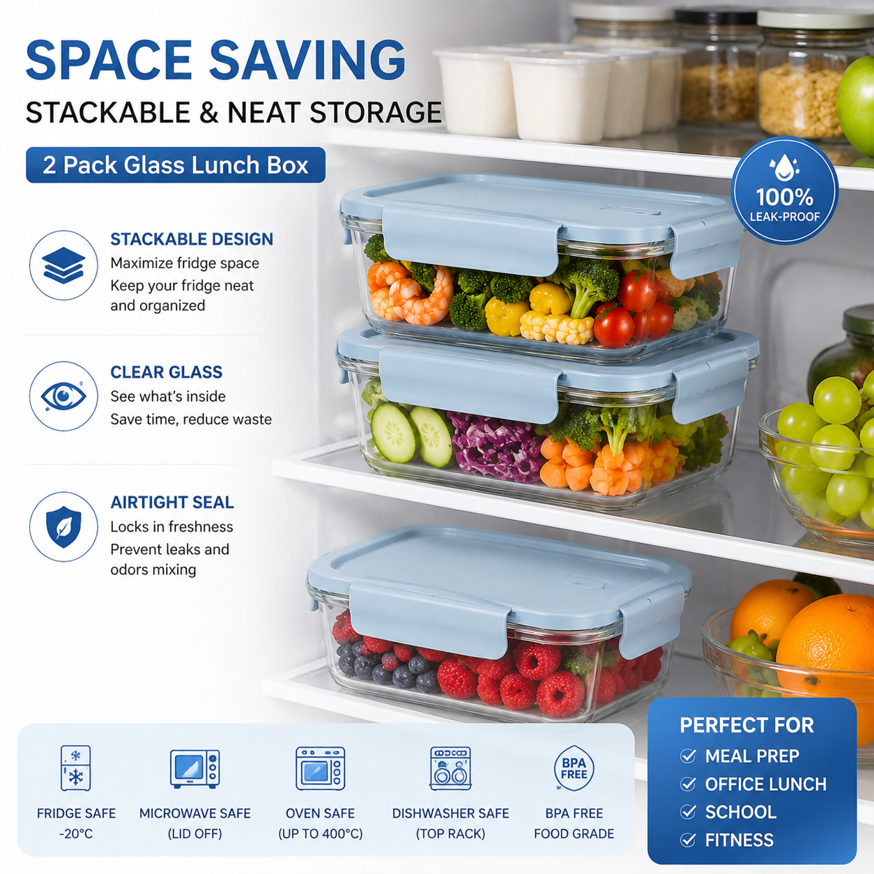 Food Storage Glass Containers - Conjunto de 2 Recipientes de Vidro