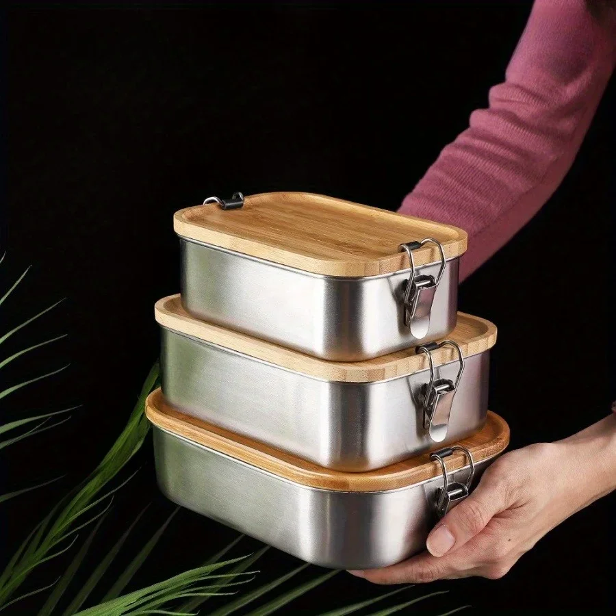 Food Storage In Stainless Steel - Nova lancheira com tampa de bambu